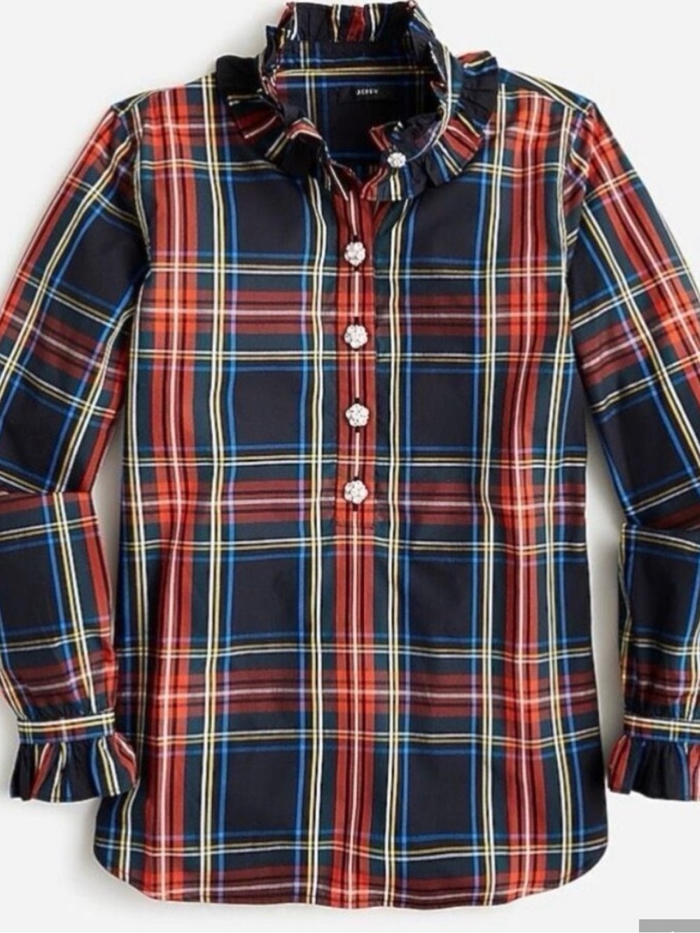 Women’s J. Crew Red and Navy Plaid Ruffle-Collar Button Top
